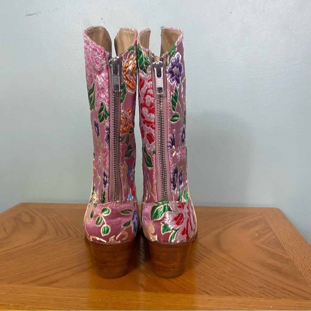 Momo New York Selina Western Silk Leather Boots Cowboy Size 7 Floral Pink Cream — image 6 of 8